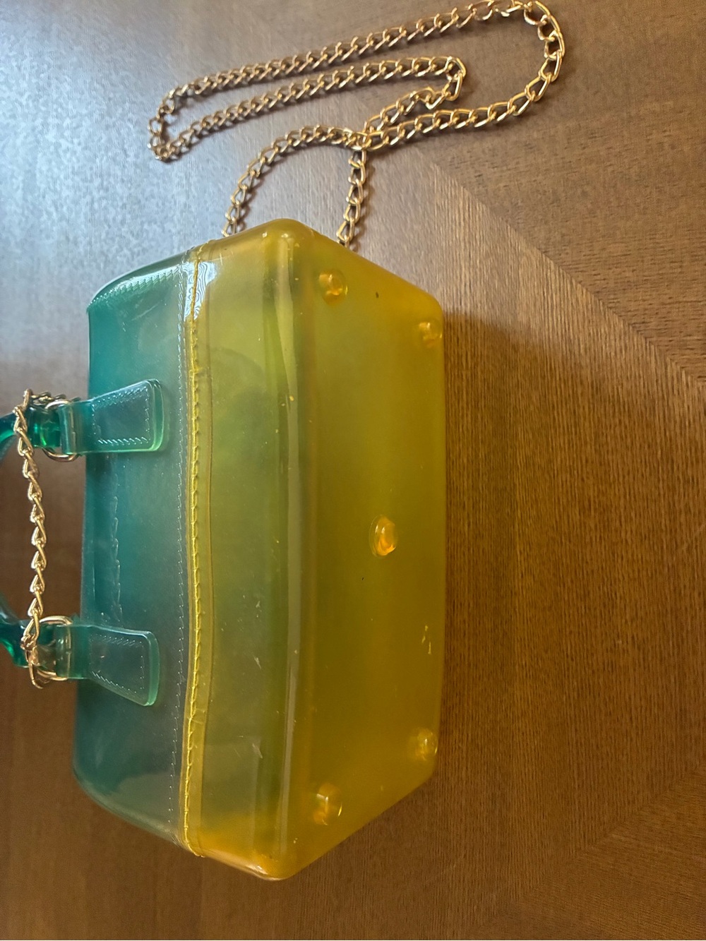 Clear Ombre Teal-to-Yellow Mini Crossbody Bag with Gold Chain - Picture 5 of 6
